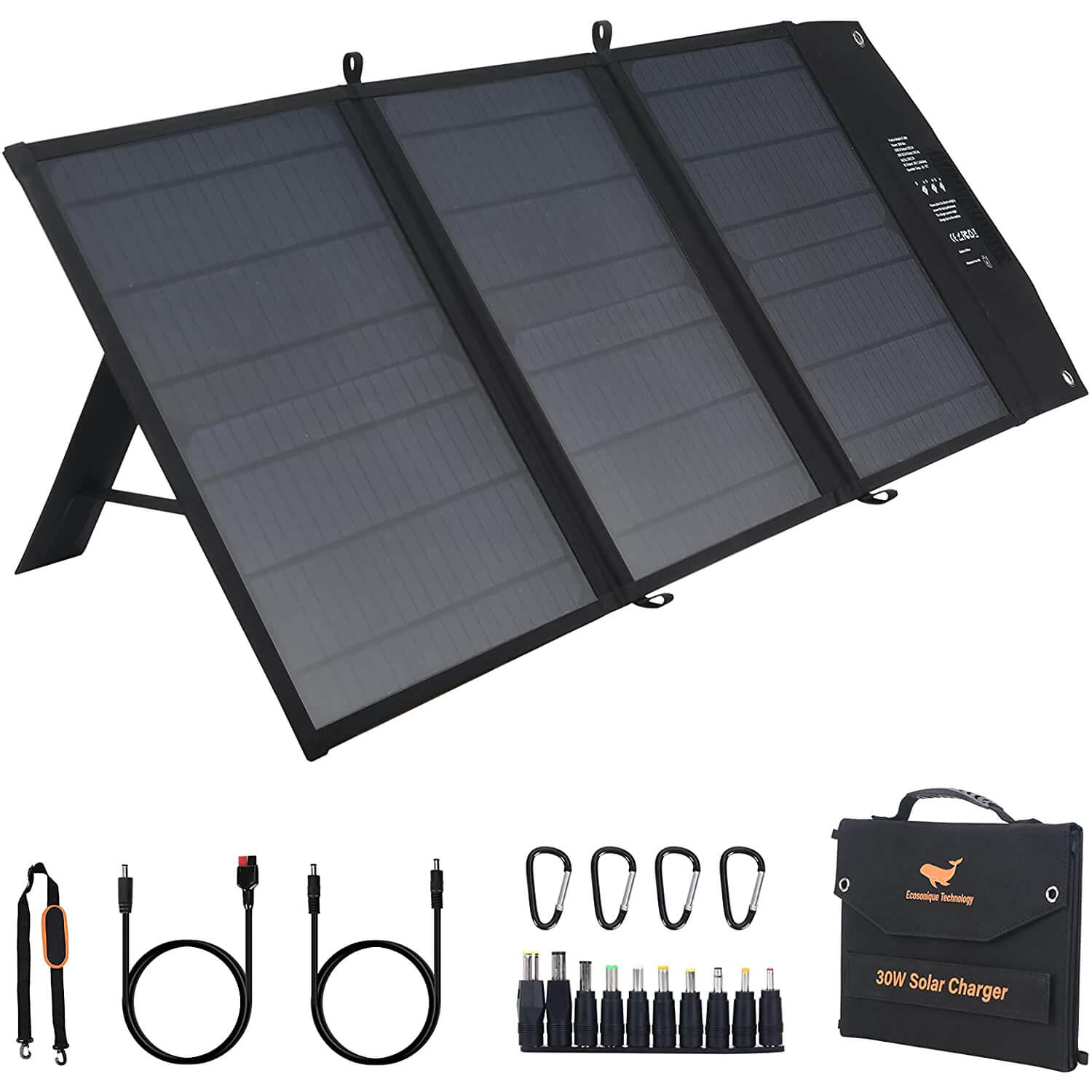 30W Portable Solar Panel 10 Connector IPX4 Waterproof Monocrystalline Solar Panel Charger for Phone Powerbank Camping Hiking Ecosonique Foldable Solar Charger with QC 3.0 USB Port & 18V DC Output 