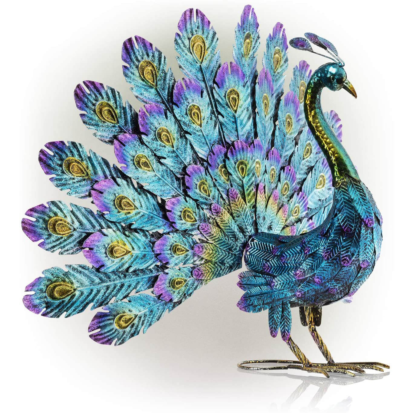 Alpine Corporation Tall Outdoor Metallic Peacock Tail Yard Statue