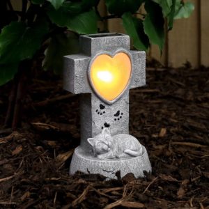 Festive Lights Memorial Gravestone - Solar Powered Warm White LED Cat Cross