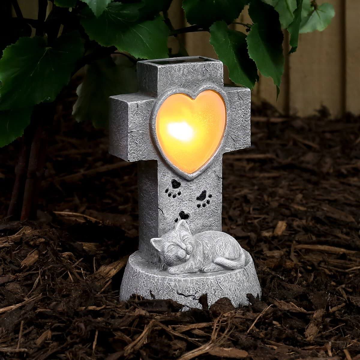 Festive Lights Memorial Gravestone – Solar Powered Warm White LED Cat Cross