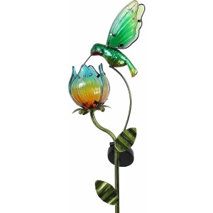 TERESA'S COLLECTIONS Glass Hummingbird and Tulip Solar Light