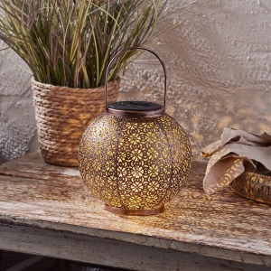 Lights4fun Outdoor Solar Moroccan Hanging Lantern Bronze Metal Light