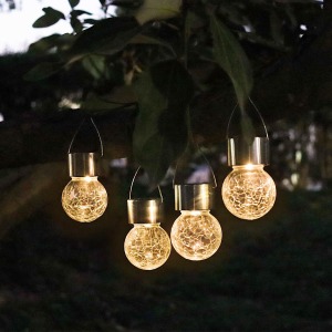 Solar Crackle Globe Hanging Ball Lights (Warm White, 4 Pack)