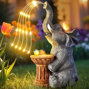 Elephant Statue Garden Ornaments Outdoor with Solar LED Lights