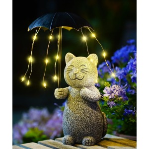 Cat Garden Ornaments with Umbrella and Solar String Lights Waterproof